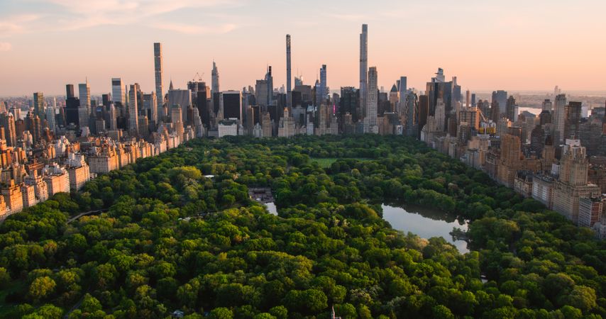 Aerial Helicopter Photo Over Central Park with Nature, Trees, People Having Picnic and Resting on a Field Around Manhattan Skyscrapers Cityscape. Beautiful Evening with Warm Sunset Light