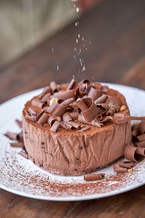 Delicious chocolate cake served on plate