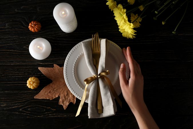 Concept of Thanksgiving day, Autumn table setting, top view