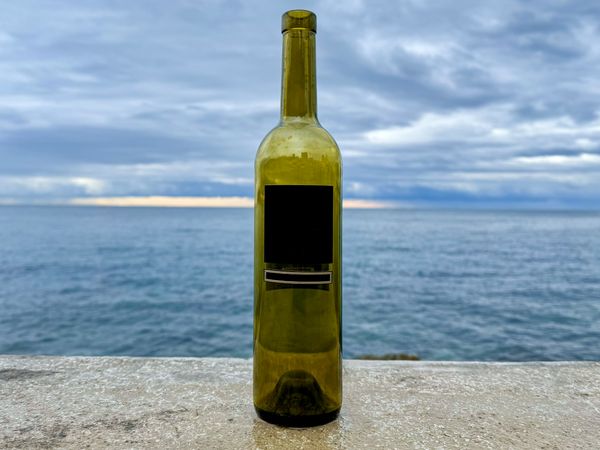 Bottle of wine on wall overlooking the sea