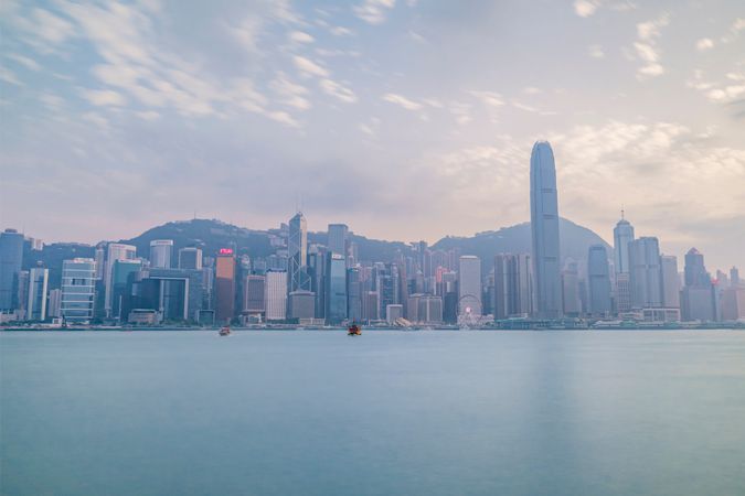 Hong Kong city covered with smog at sunset