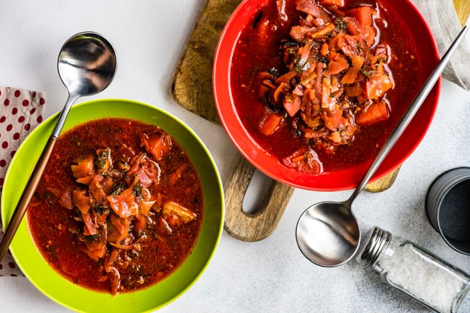 Top view of traditional Ukrainian beetroot soup borscht
