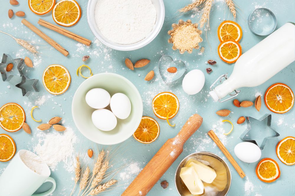 Raw ingredients for baking on the blue table