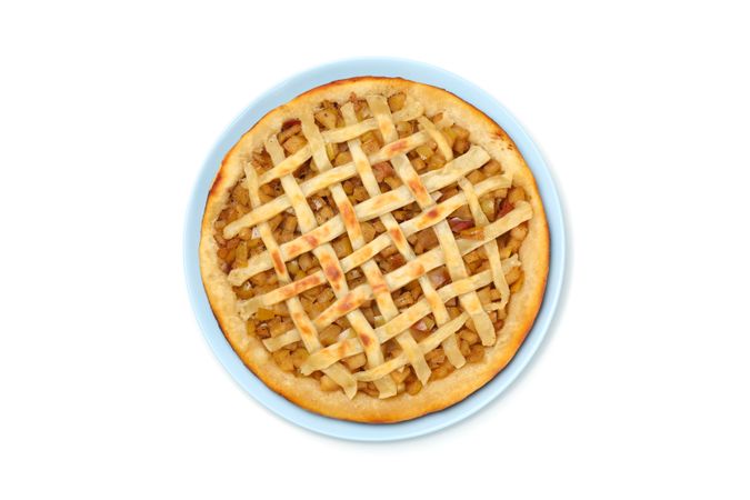 Plate with tasty apple pie isolated on plain background
