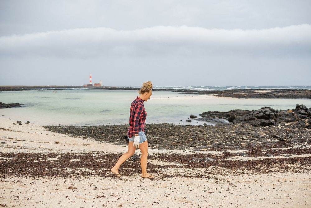 Content modern woman picking litter from sandy seashore