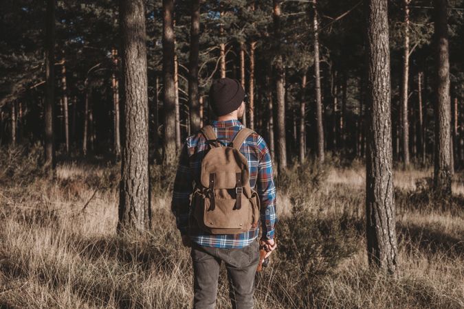 Confident tourist walking along autumn forest