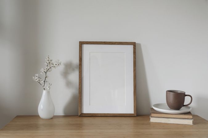 Vertical wooden picture frame, poster mockup