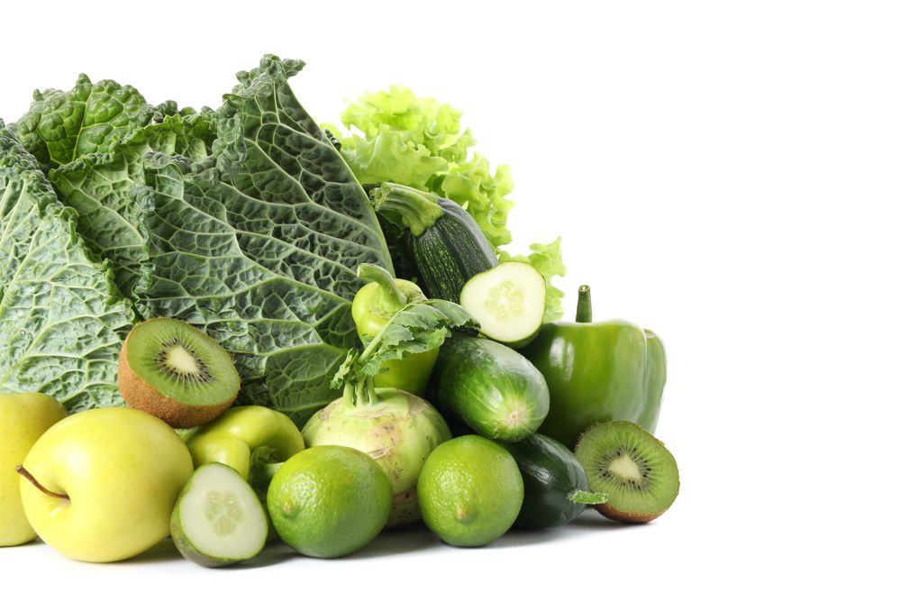 Fresh vegetables and fruits isolated on blank background