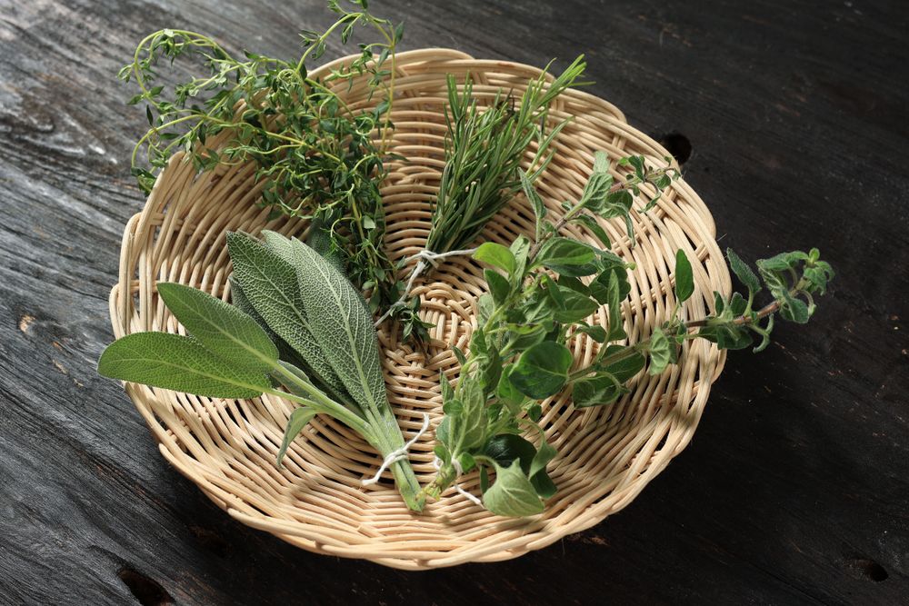 Various Herbs on Wooden Background.