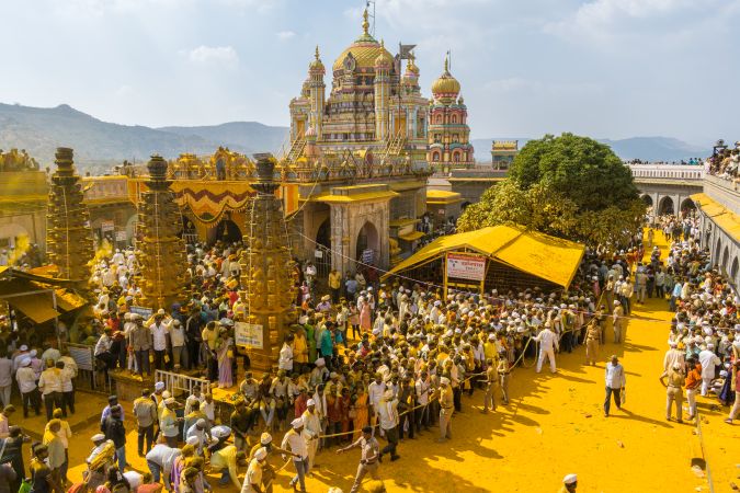 Jejuri, Maharashtra, India - Dec 30, 2024: Palkhi of Lord Khandoba at the famous and beautiful Khandoba temple at Jejuri during the festival of Somvati Amavasya