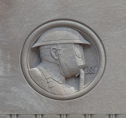 Silhouette of soldier in gas mask, Soldiers Memorial Military Museum, St. Louis, Missouri