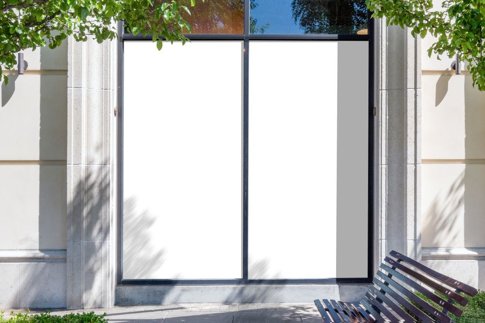 Storefront blank mockup with bench and trees