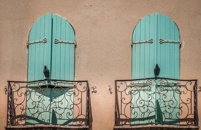 Two bright French windows with birds perched