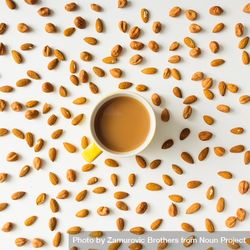 Pattern made of almonds with coffee cup 47ZPr5