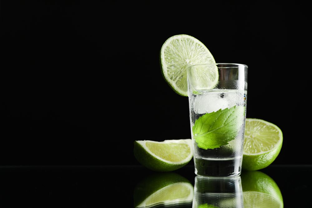 Tequila shot with lime, mint and ice against dark background