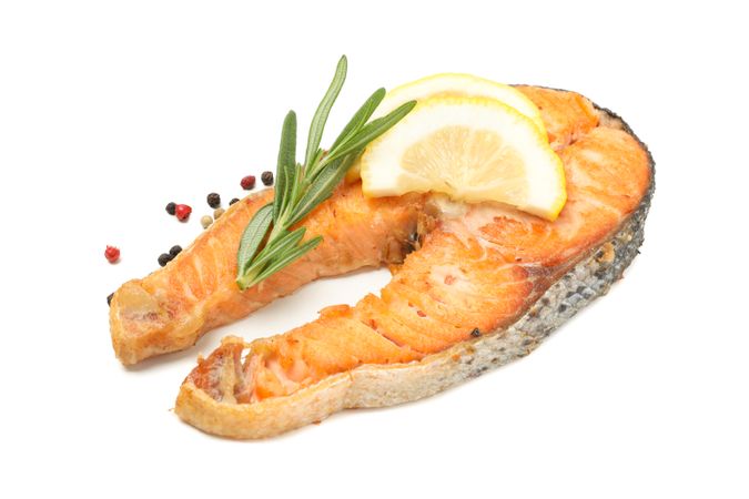 Tasty grilled salmon isolated on blank background