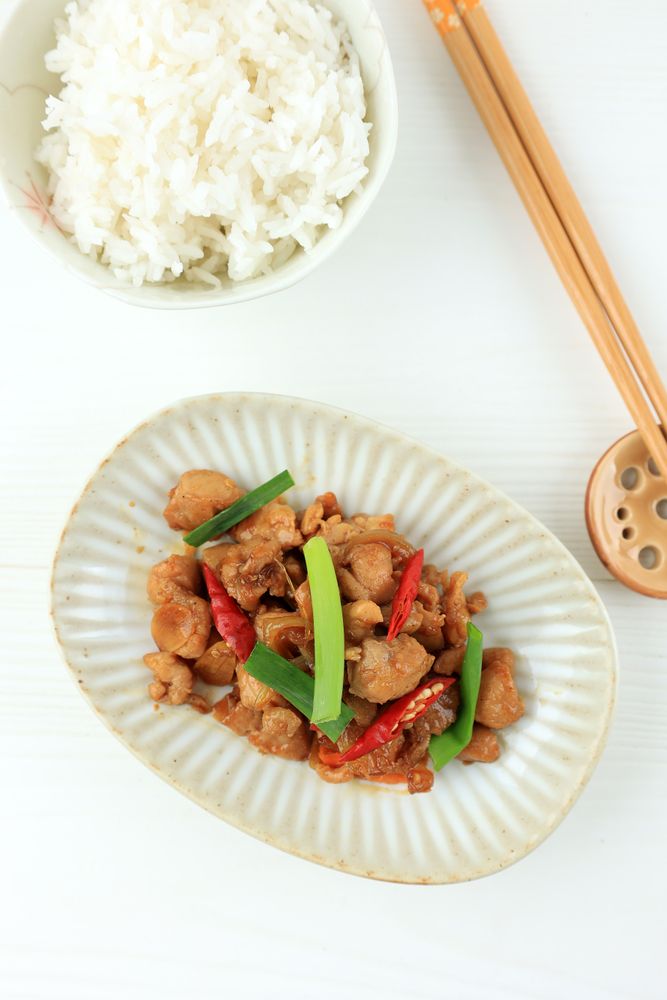 Stir Fry Chicken with Soy Sauce, Garlic, Onion, Spring Onion, and Chilli.