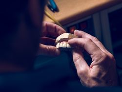 Crop man examining artificial denture