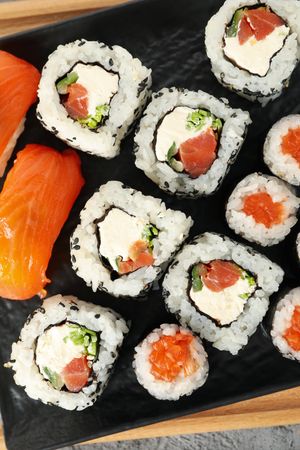 Delicious sushi rolls, top view. Japanese food