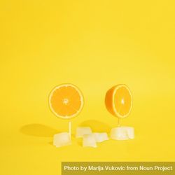 Orange halved on toothpicks and ice cubes 5XaDQ4
