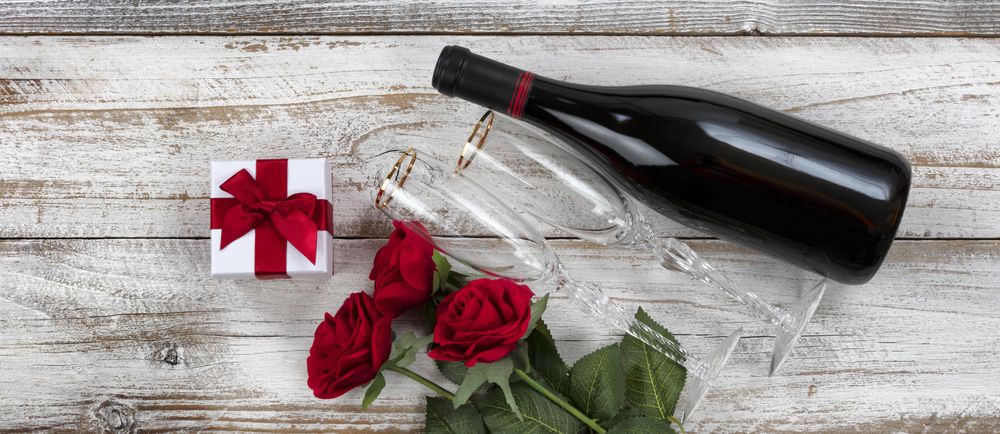 Valentine’s Day with romantic gifts in overhead view