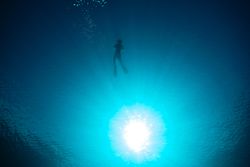 Unrecognizable boy diving in blue sea