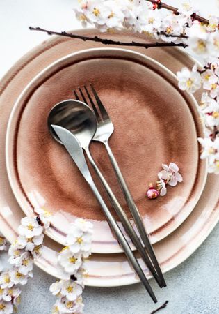 Top view of pink table setting of apricot blossom branches surrounding plates
