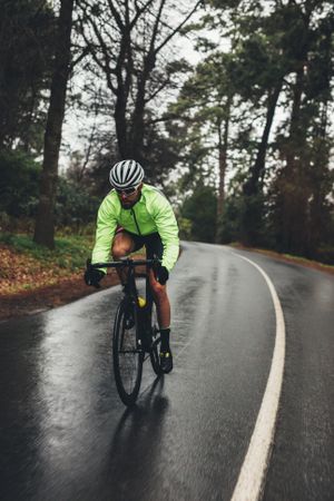 Cyclist training on a rainy day