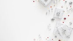 Silver wrapped presents with copy space