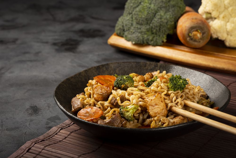 Yakisoba noodles. Yakisoba dish with meat, chicken and vegetables.