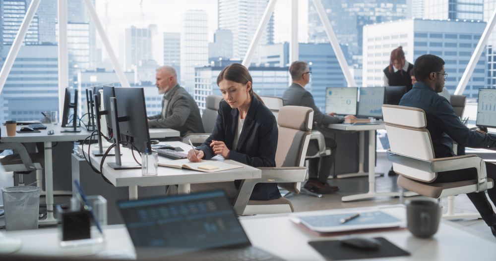 In Big Corporate Skyscraper Office: Female Business Manager Using Compute