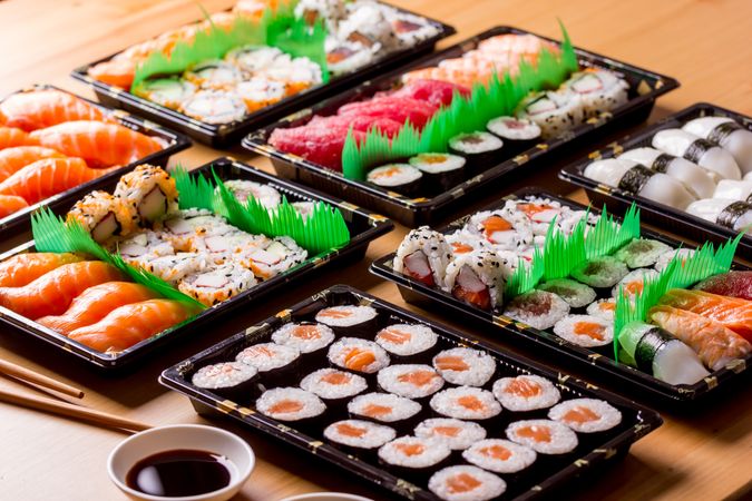 Tasty sushi served in a table