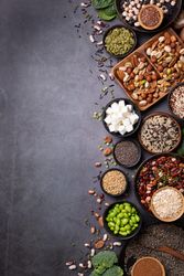 Healthy vegan grains and vegetables, top view with copy space