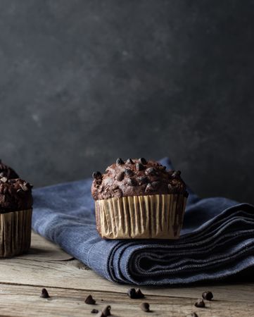 Chocolate banana muffin on towel