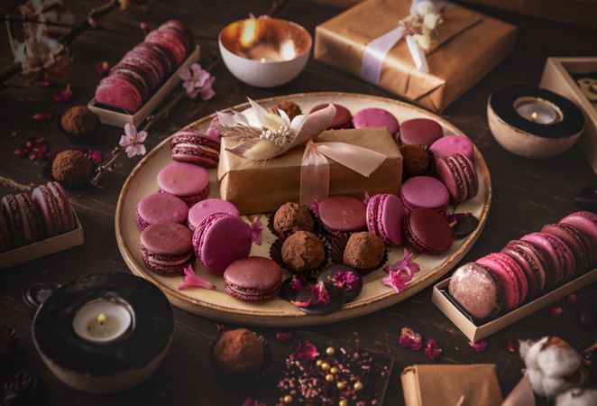 Still life of delicious pink macarons