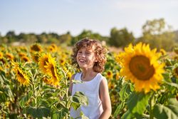 Cheerful boy in sunflower field