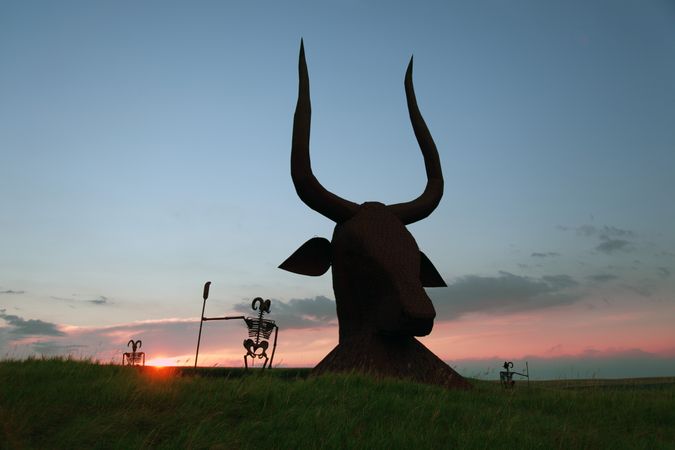 Longhorn steer silhouette figure, Porter Sculpture Park, Montrose, South Dakota