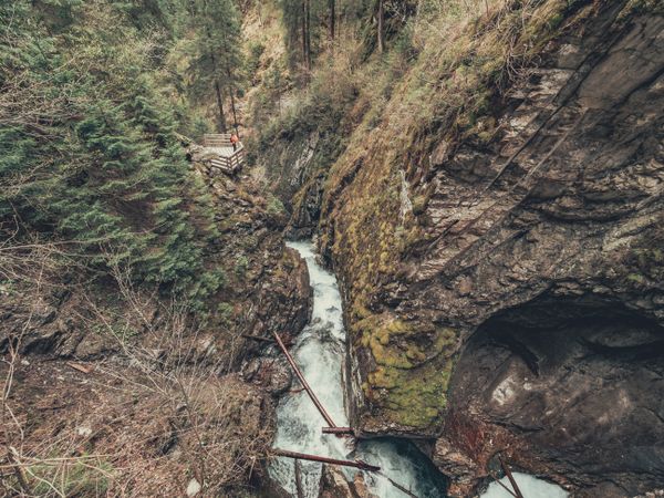 Traveller admiring picturesque view of mountain stream
