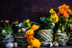 Easter holiday card with pots of bright flowers and decorative eggs and rabbit