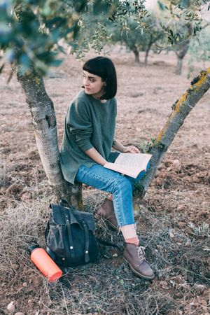 Woman sitting in olive tree with backpack, water and book