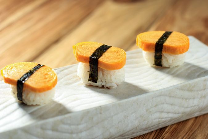 Japanese egg sushi on plate