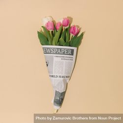 Spring tulips flowers wrapped in newspapers with Global Pandemic headline 5QawX5