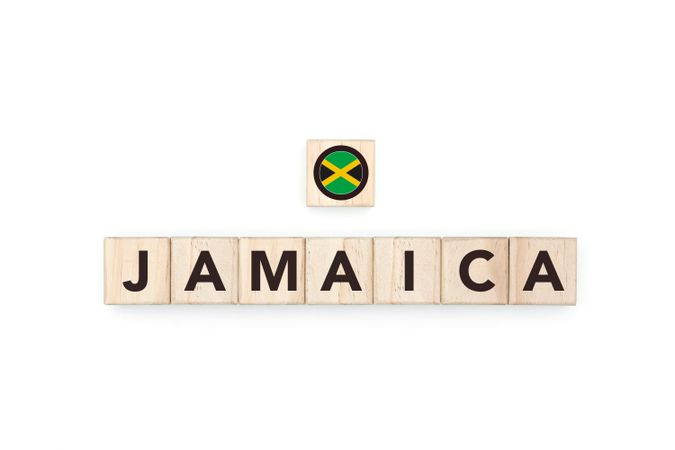 Wooden blocks bearing the name and flag of Jamaica.