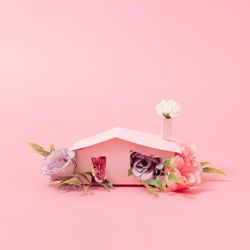 Spring flowers and leaves coming out of pink house