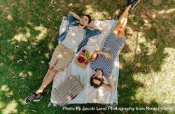 Couple on picnic lying on blanket in grass outdoors 5rna25