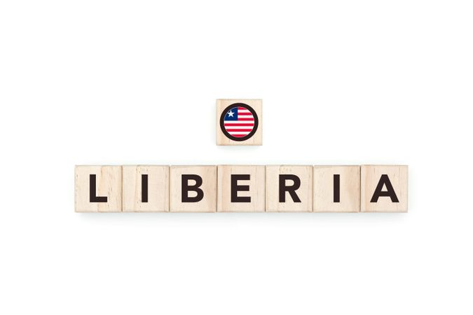Wooden blocks bearing the name and flag of Liberia.