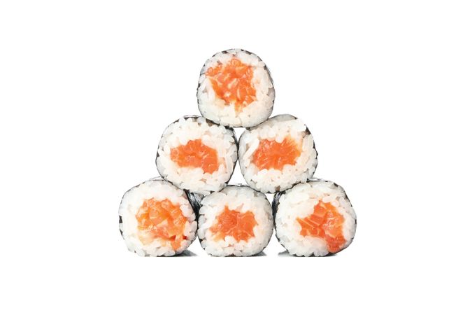 Japanese food. Delicious sushi rolls isolated on light background