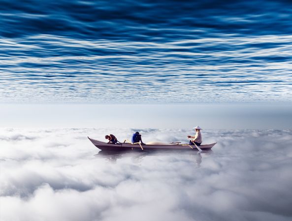 Illustration of people on a boat floating on a cloud under sea horizon