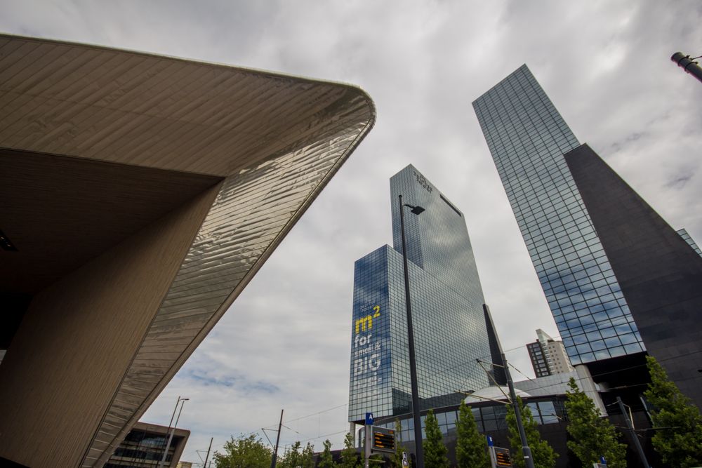 Skyscrapers of Rotterdam, Netherlands under cloudy sky