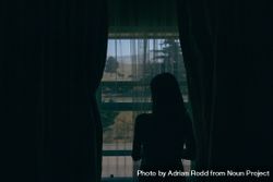 Silhouette of woman looking out window of dimly lit motel room 4dOaa5